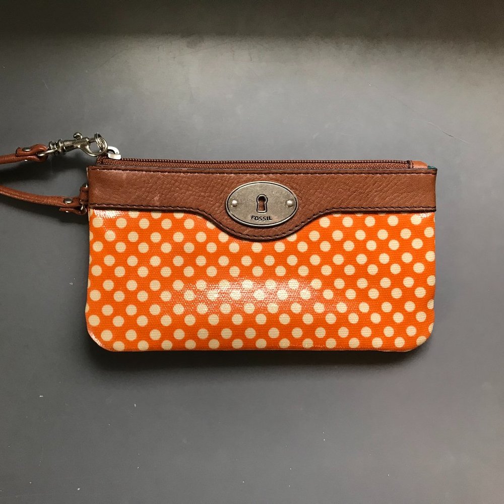 Orange Polka-Dot Fossil Wristlet